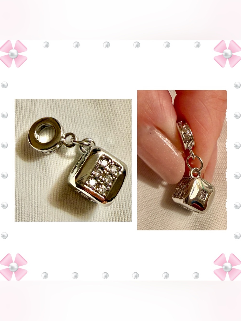 Charm / pendant - 1" dice w/cz clear gem stones - silver tone - New!